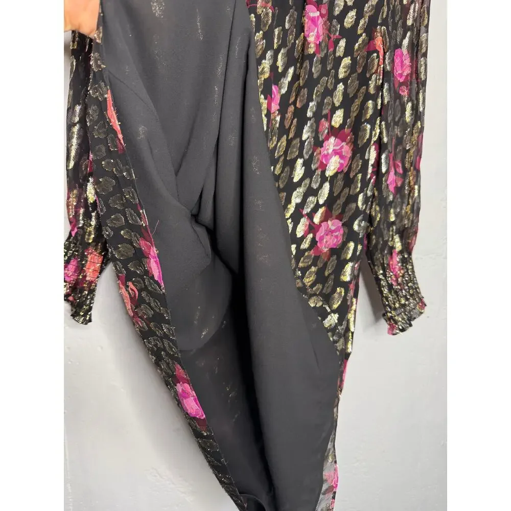 Kate Spade rose garden Smocked Shift Dress Womens Small Black Gold Silk